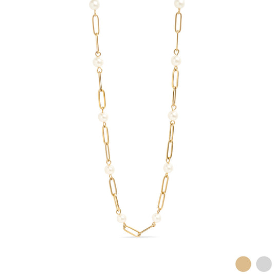 18K Gold PVD Stainless Steel Pearl Station Paperclip Chain Necklace
