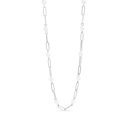 18K Gold PVD Stainless Steel Pearl Station Paperclip Chain Necklace