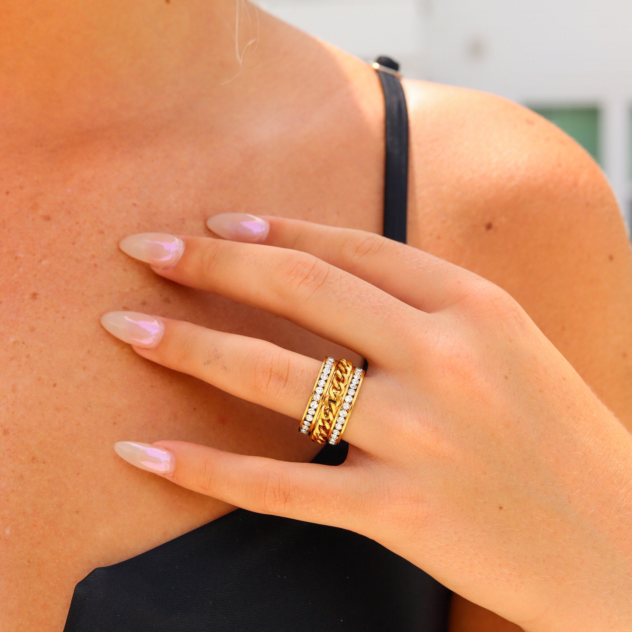 10 Pack - CZ Eternity With 18K Gold Center Chain Spinner Stainless Steel Ring