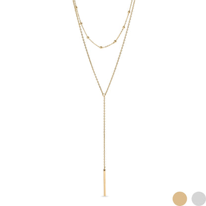 18K Gold PVD Stainless Steel Drop Bar Layered Lariat Necklace