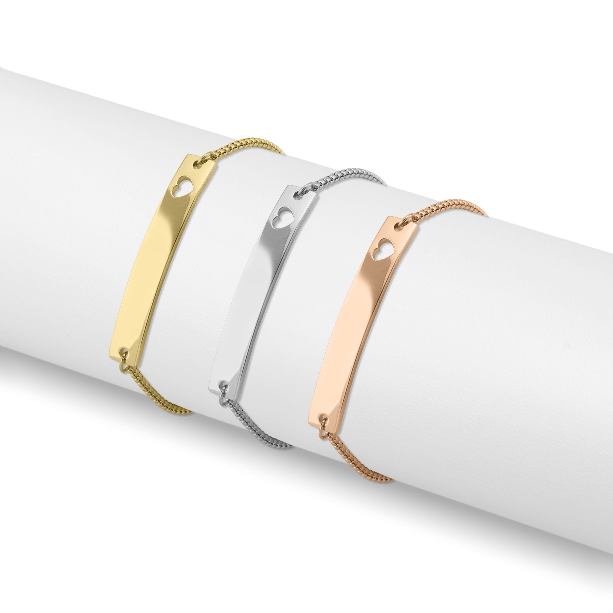 18K Gold PVD Stainless Steel Adjustable Curved Cutout Heart Blank Bar Bracelet