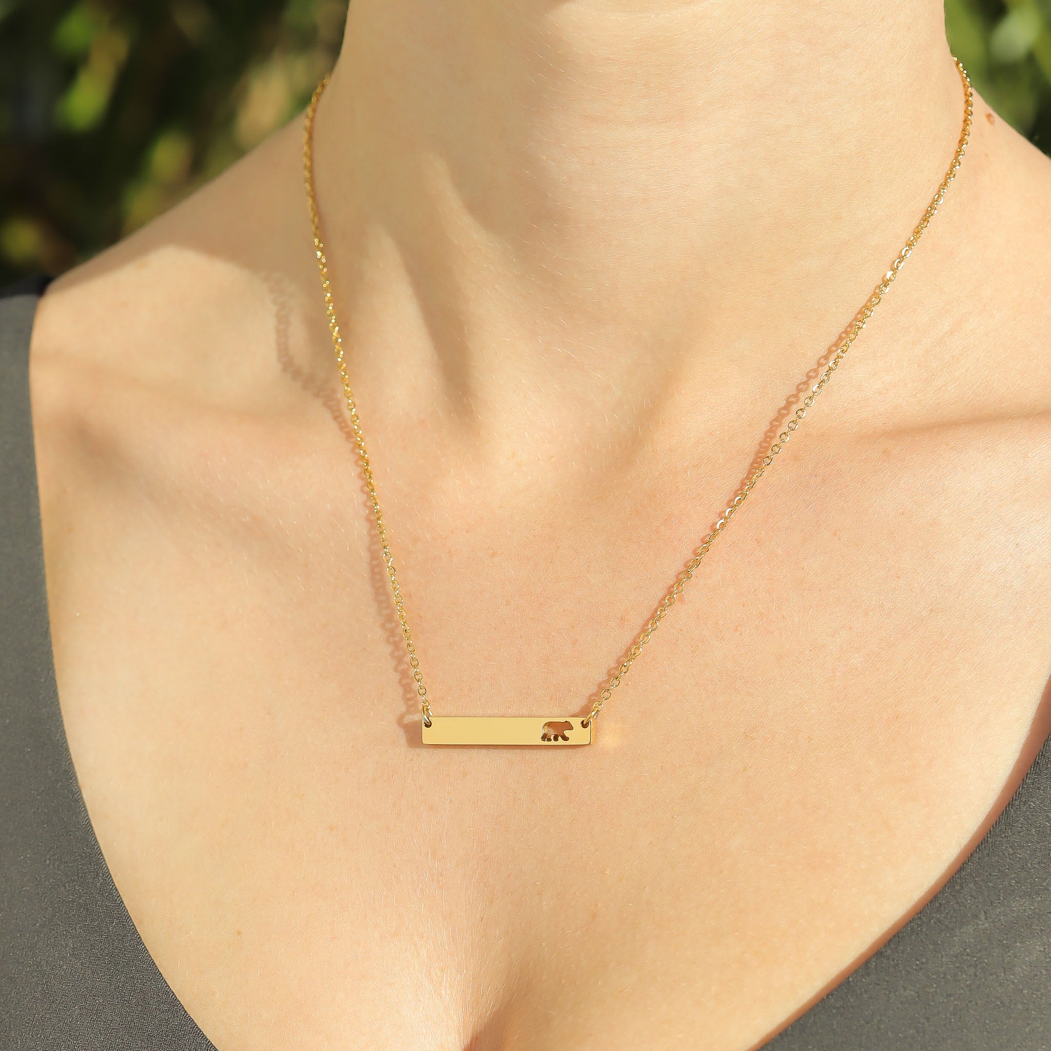 18K Gold PVD Stainless Steel Mama Bear Horizontal Bar Necklace