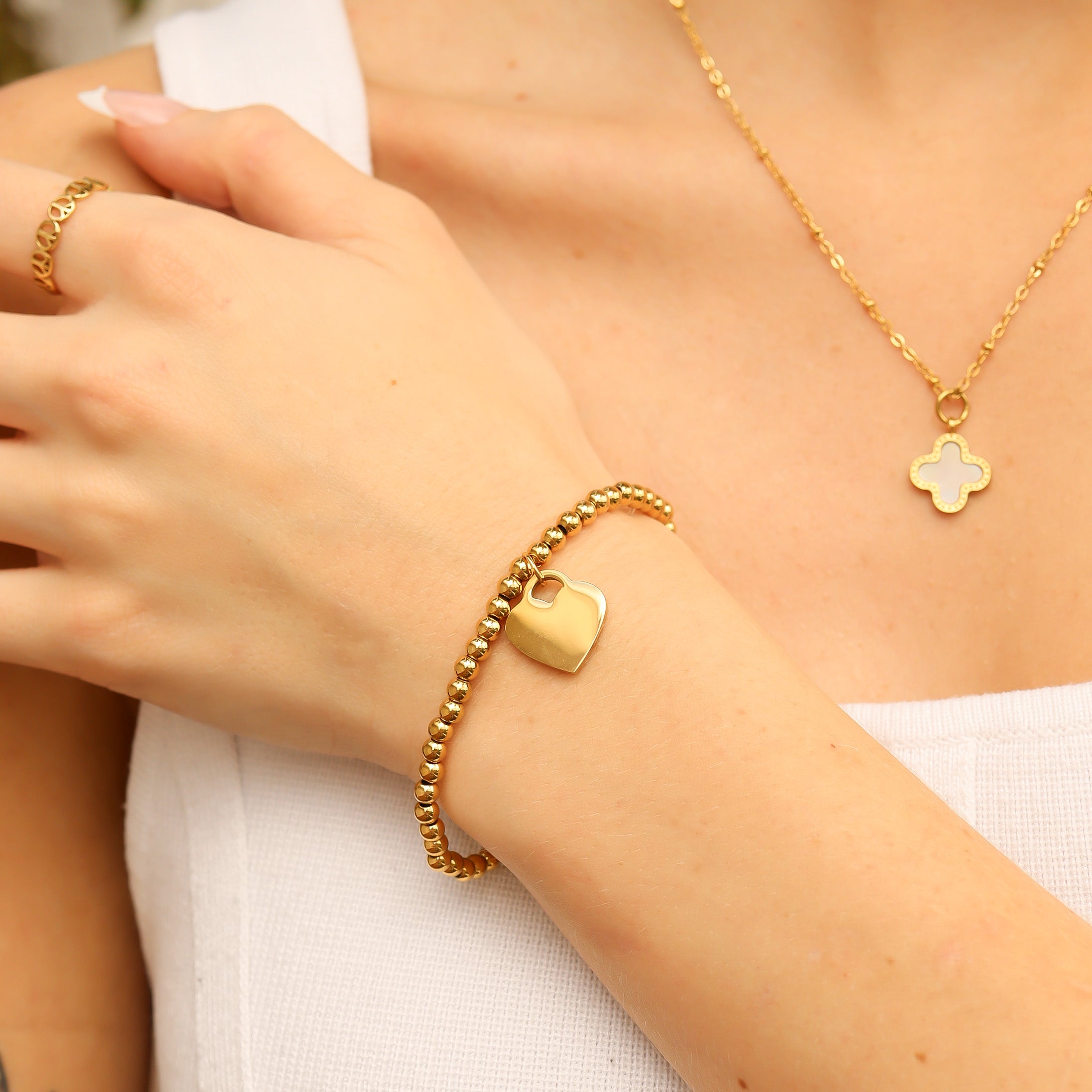 18K Gold PVD Stainless Steel Beaded Blank Heart Stretch Bracelet