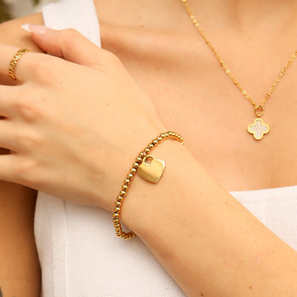 18K Gold PVD Stainless Steel Beaded Blank Heart Stretch Bracelet