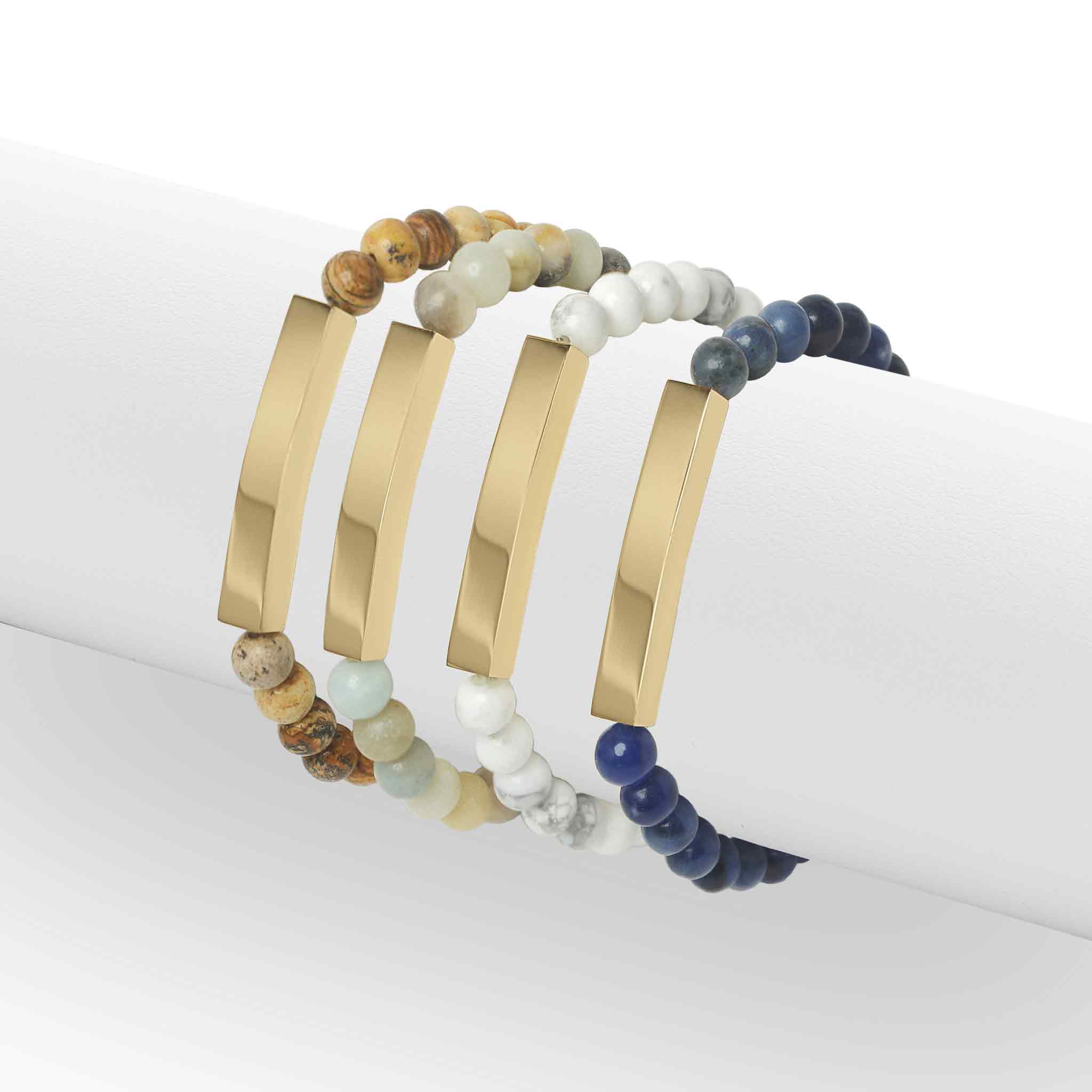18K Gold PVD Stainless Steel Semi Precious Natural Stone Stretch Curved Bar Bracelet