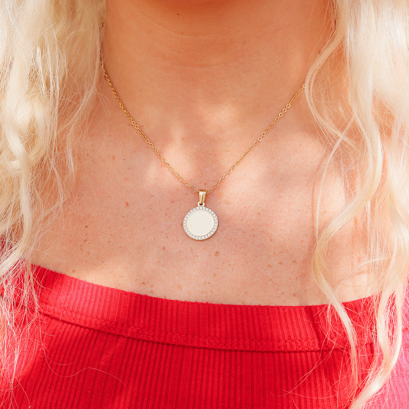 18K Gold PVD Stainless Steel Round CZ Pendant Necklace