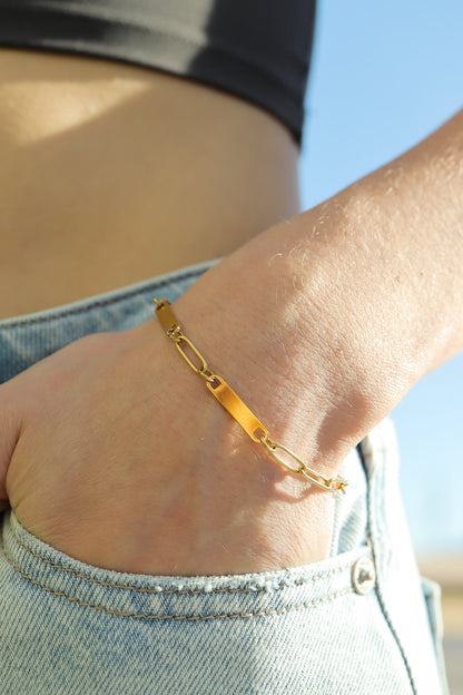 18K Gold PVD Stainless Steel Engravable Paperclip 2 Bar Bracelet