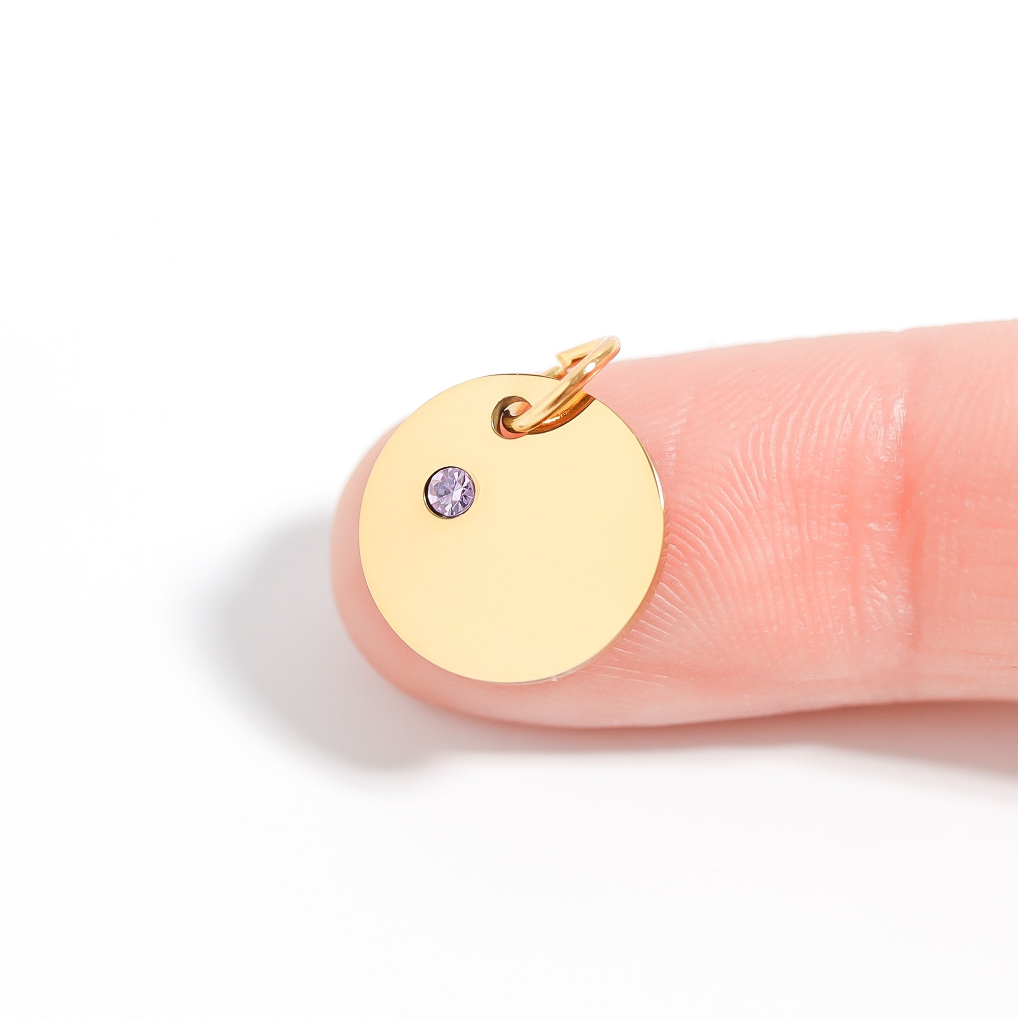 18K Gold PVD Stainless Steel CZ Birthstone Blank Circle Charm