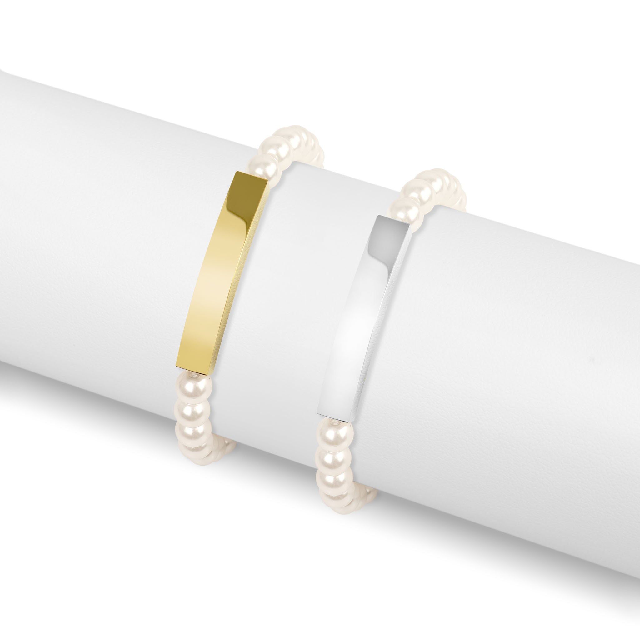 18K Gold PVD Stainless Steel Pearl Engravable Stretch Curved Bar Bracelet