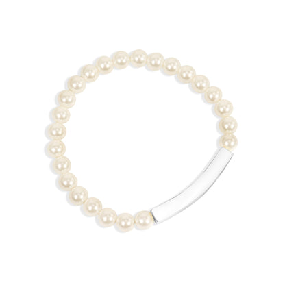 18K Gold PVD Stainless Steel Pearl Engravable Stretch Curved Bar Bracelet