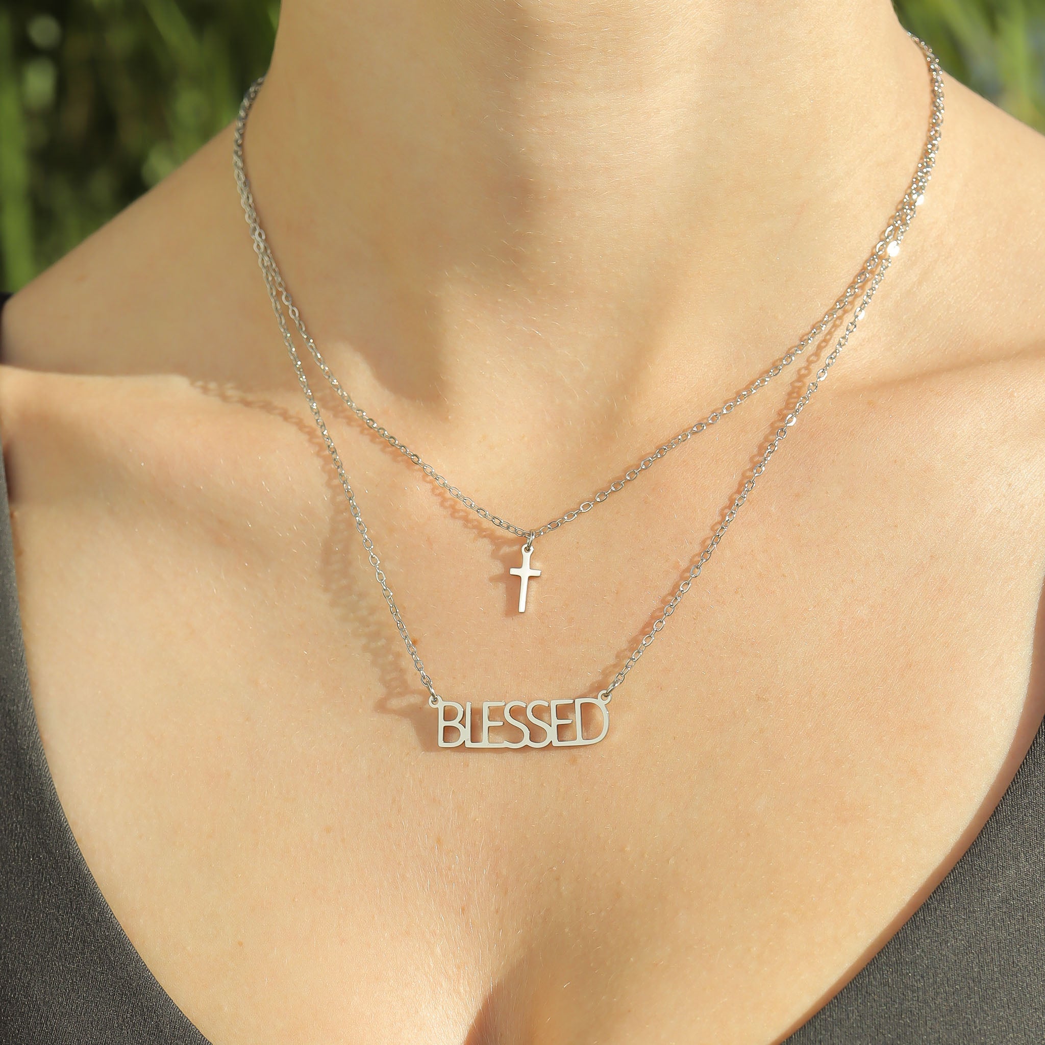18K Gold PVD Stainless Steel "Blessed" Layered Cross Charm Necklace
