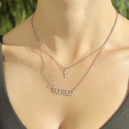 18K Gold PVD Stainless Steel "Blessed" Layered Cross Charm Necklace