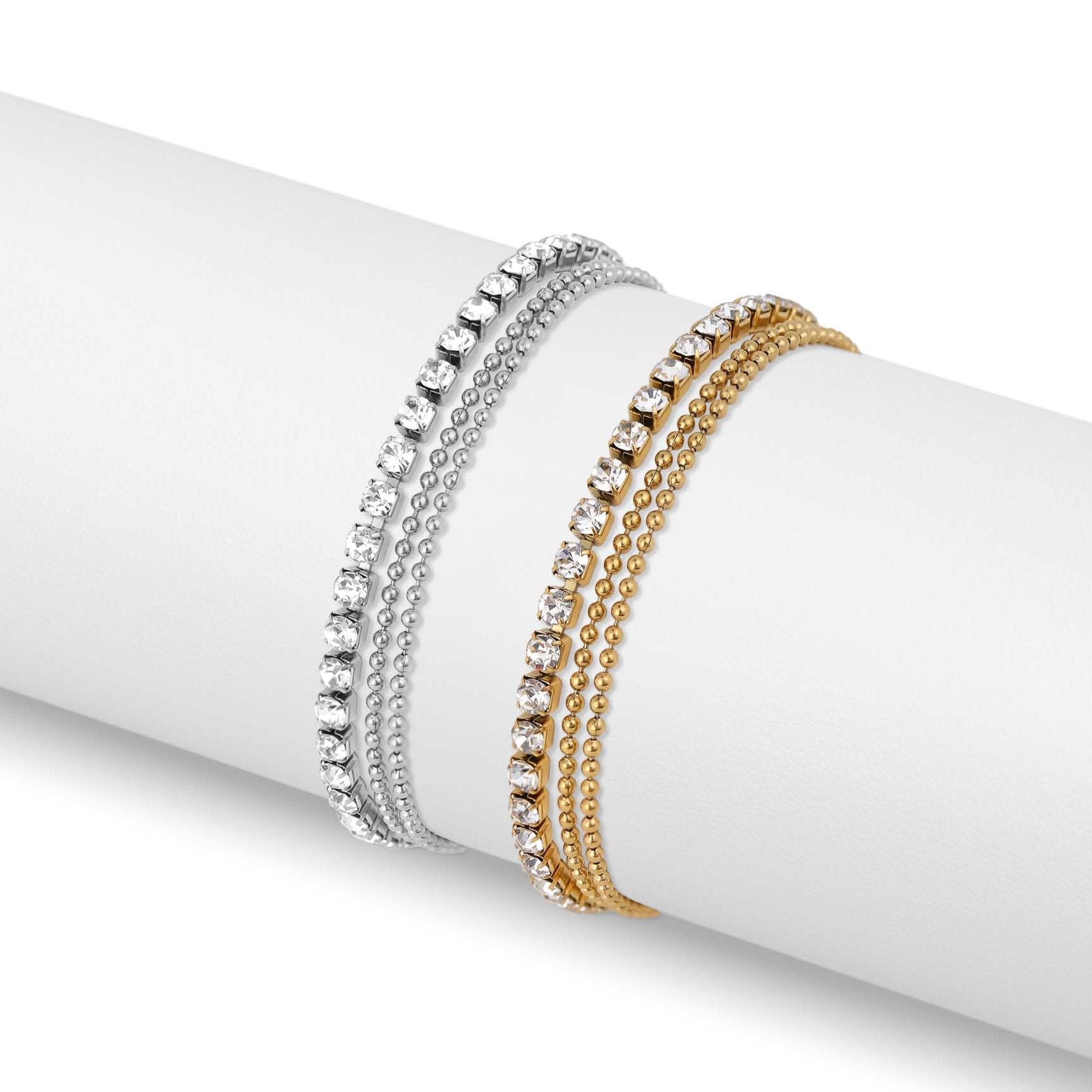 18K Gold PVD Stainless Steel Rhinestone and Shotbead Chain Layered Anklet