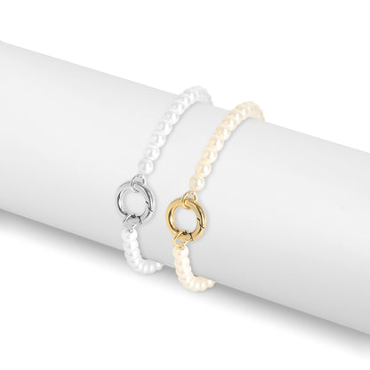 18K Gold PVD Stainless Steel Glass Pearl Charm Keeper Bracelet