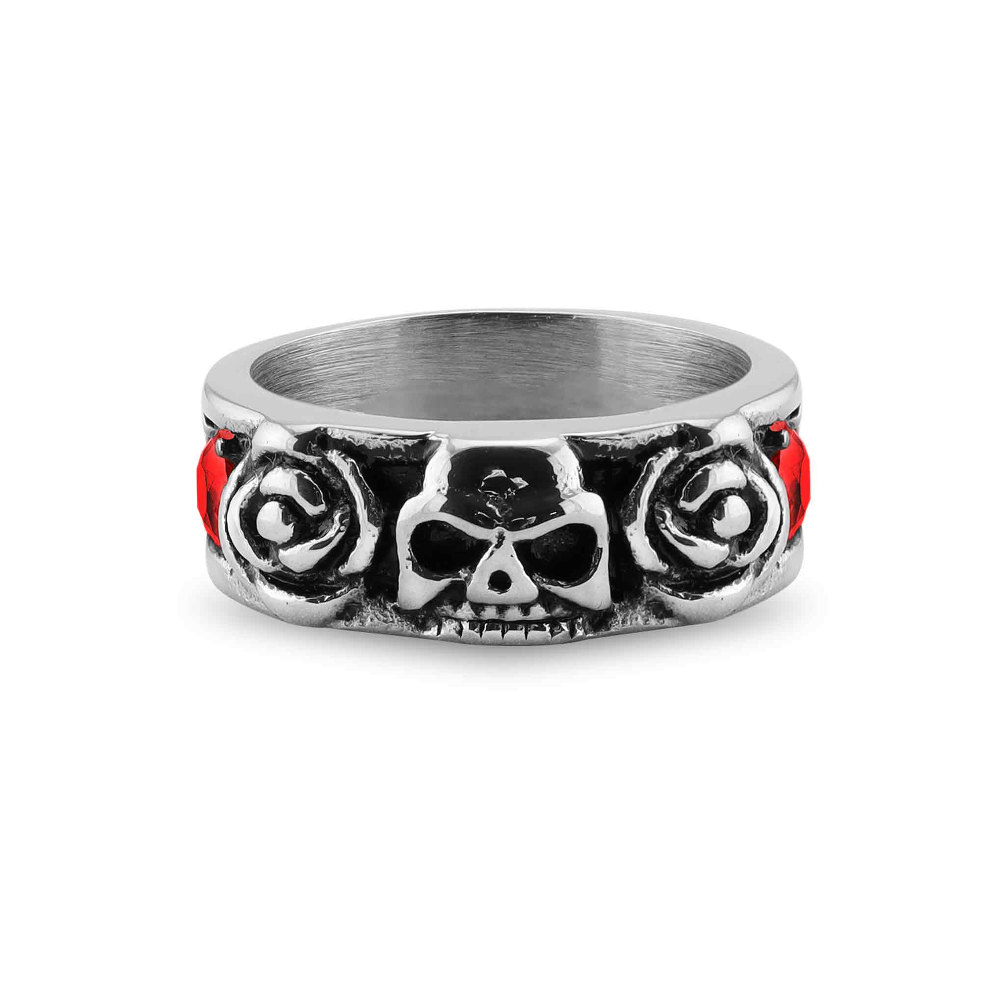 Stainless Steel Skull And Roses Red CZ Accent Ring