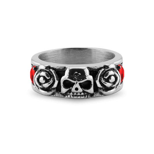 Stainless Steel Skull And Roses Red CZ Accent Ring