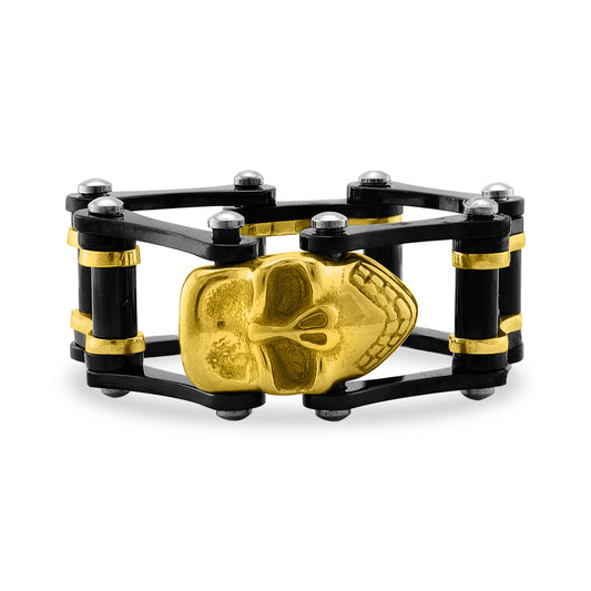 18K Gold PVD Coated Skull And Bike Chain Stainless Steel Ring