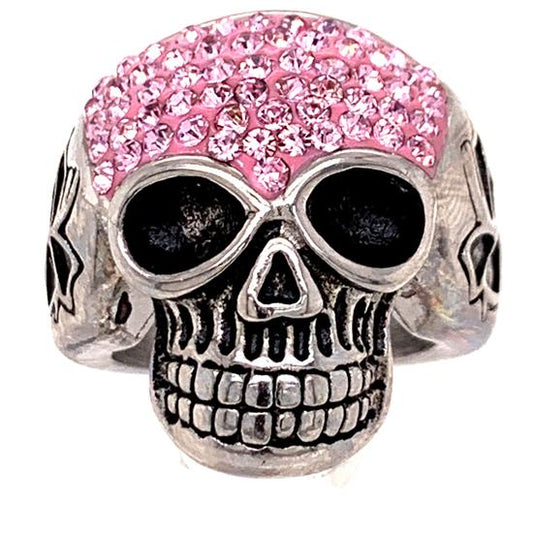 Skull With Tiny Pink Accent CZ Stones Stainless Steel Ring