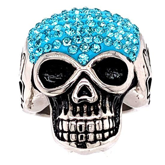 Skull With Tiny Blue Accent CZ Stones Stainless Steel Ring
