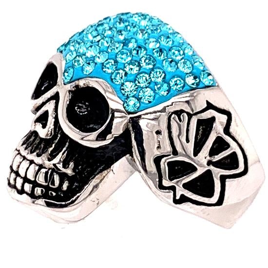 Skull With Tiny Blue Accent CZ Stones Stainless Steel Ring