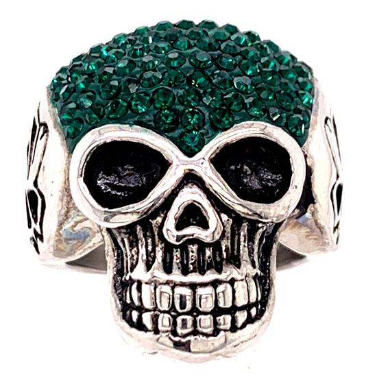Skull With Tiny Green Accent CZ Stones Stainless Steel Ring