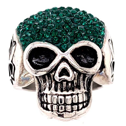 Skull With Tiny Green Accent CZ Stones Stainless Steel Ring