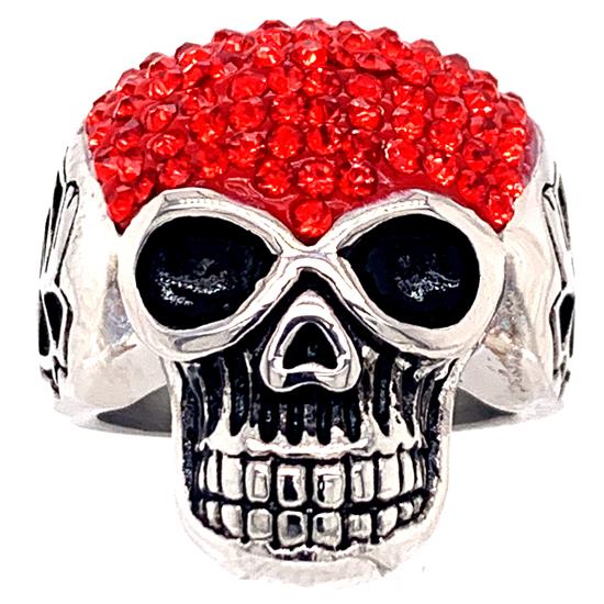 Skull With Tiny Red Accent CZ Stones Stainless Steel Ring