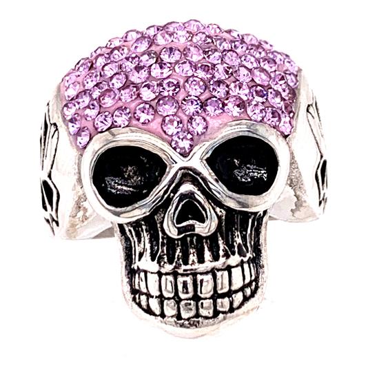 Skull With Tiny Lilac Purple Accent CZ Stones Stainless Steel Ring