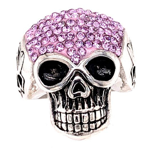 Skull With Tiny Lilac Purple Accent CZ Stones Stainless Steel Ring