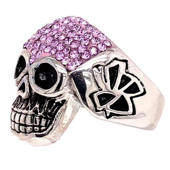 Skull With Tiny Lilac Purple Accent CZ Stones Stainless Steel Ring