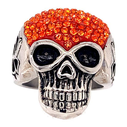 Skull With Tiny Orange CZ Accents Stainless Steel Ring