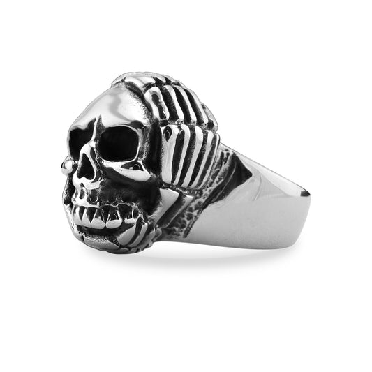 Skull With Skeleton Hands Stainless Steel Ring