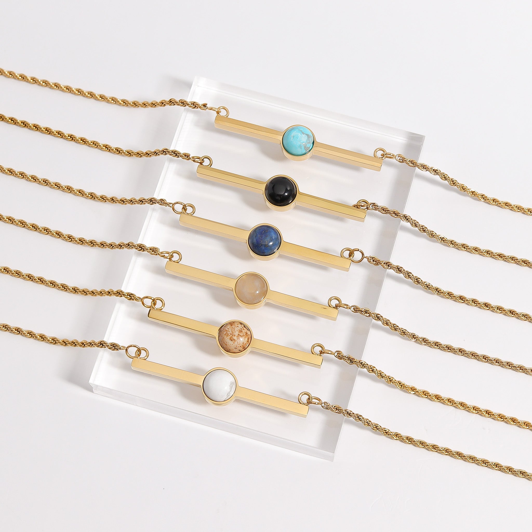 18K Gold PVD Stainless Steel Semi Precious Natural Stone Bar Necklace