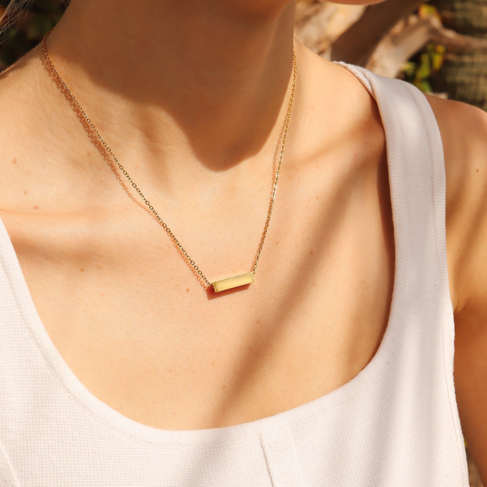 18K Gold PVD Stainless Steel Horizontal Mini Blank Bar Necklace