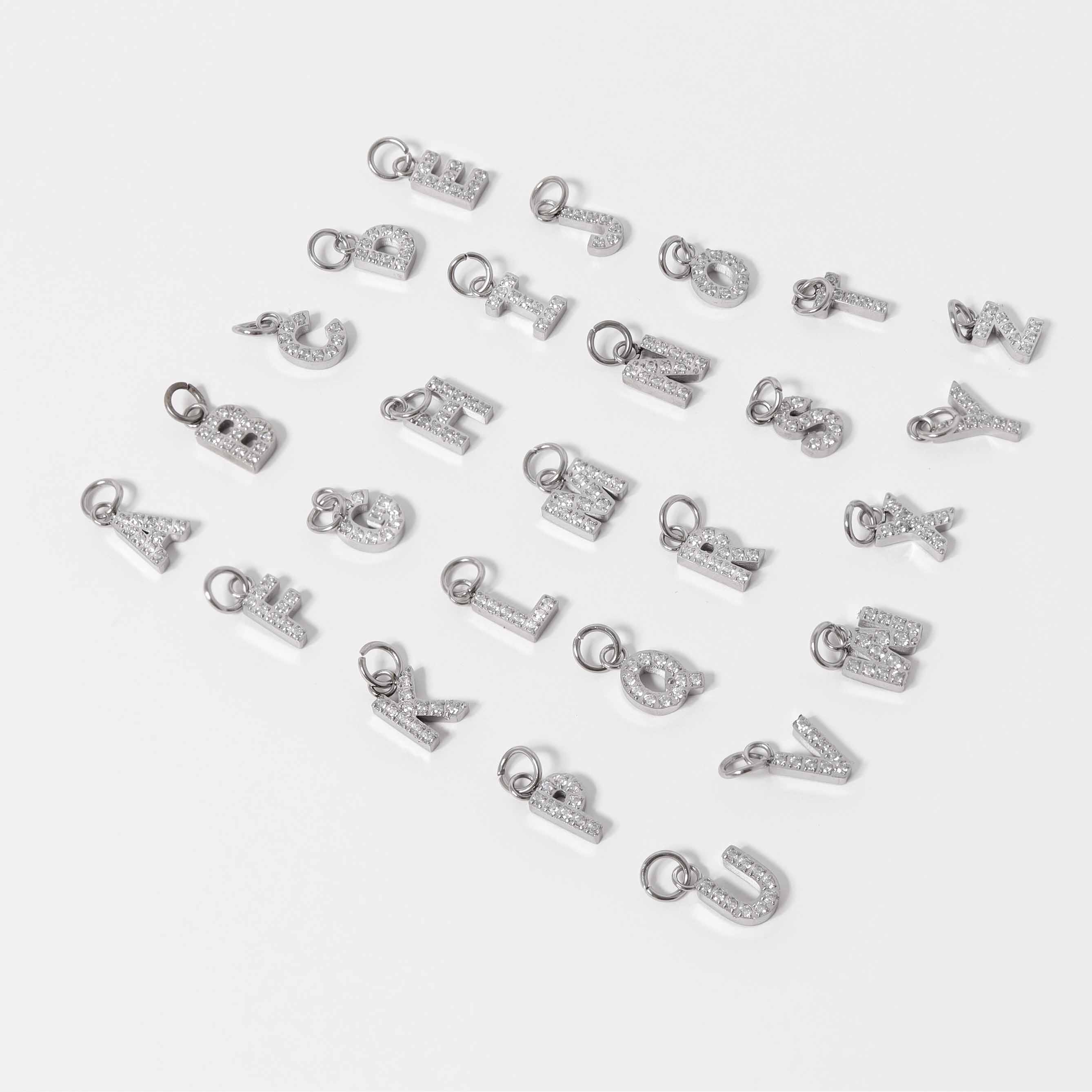 Stainless Steel Pave Set CZ Initial Letter Charms