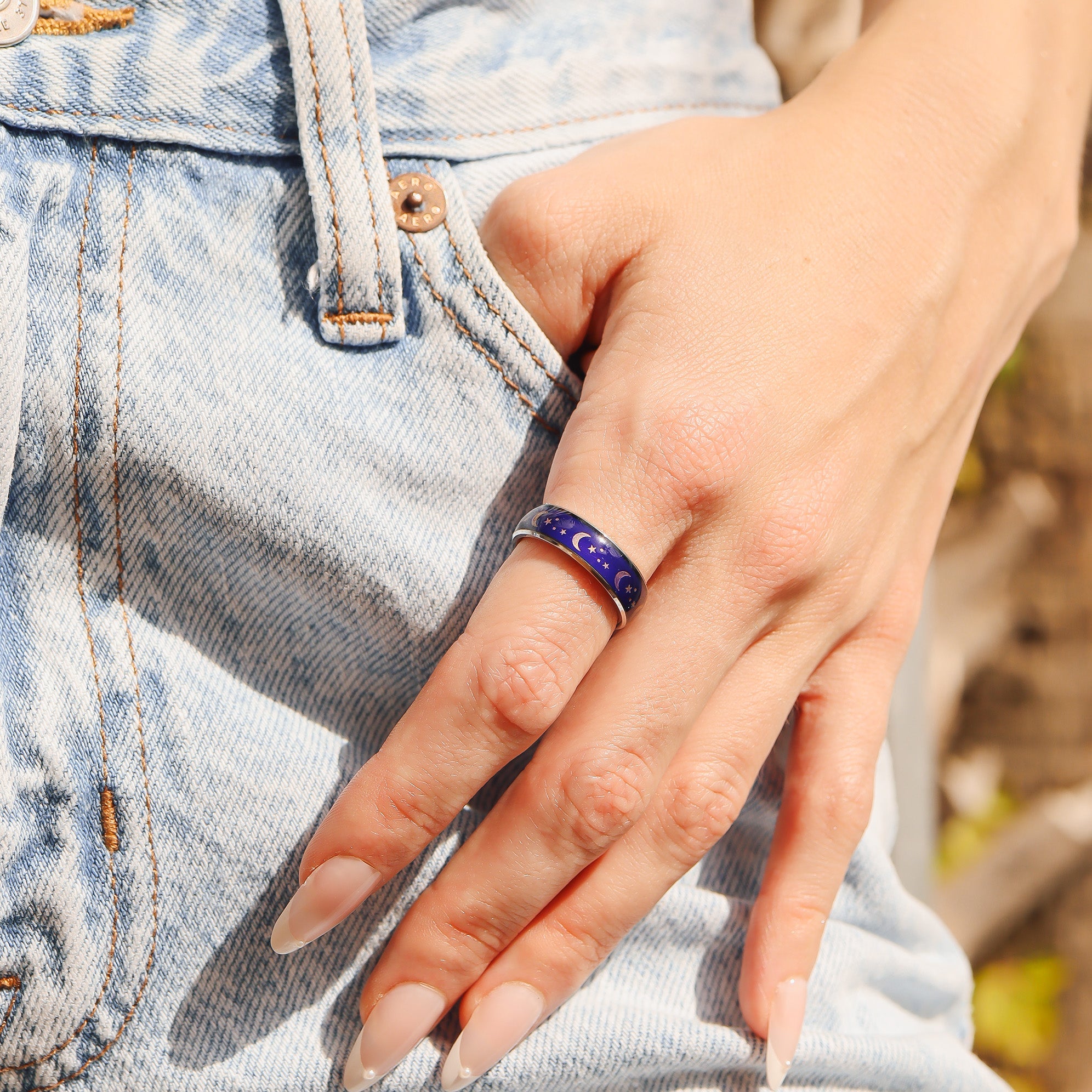 Stainless Steel Mood Band With Stars And Moons Ring