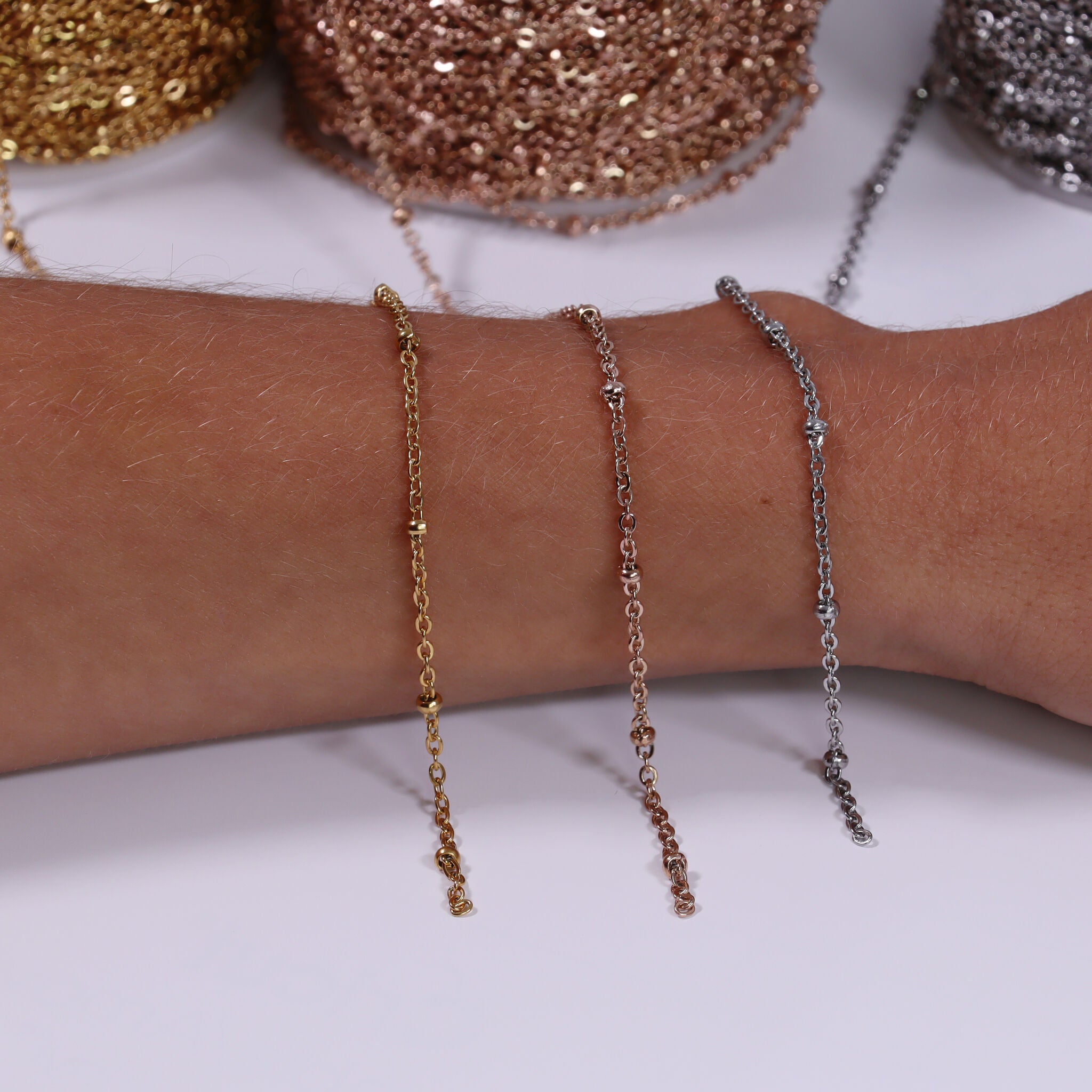 2.5mm 18K Gold PVD Stainless Steel Beaded Satellite Permanent Jewelry Chain By The Foot