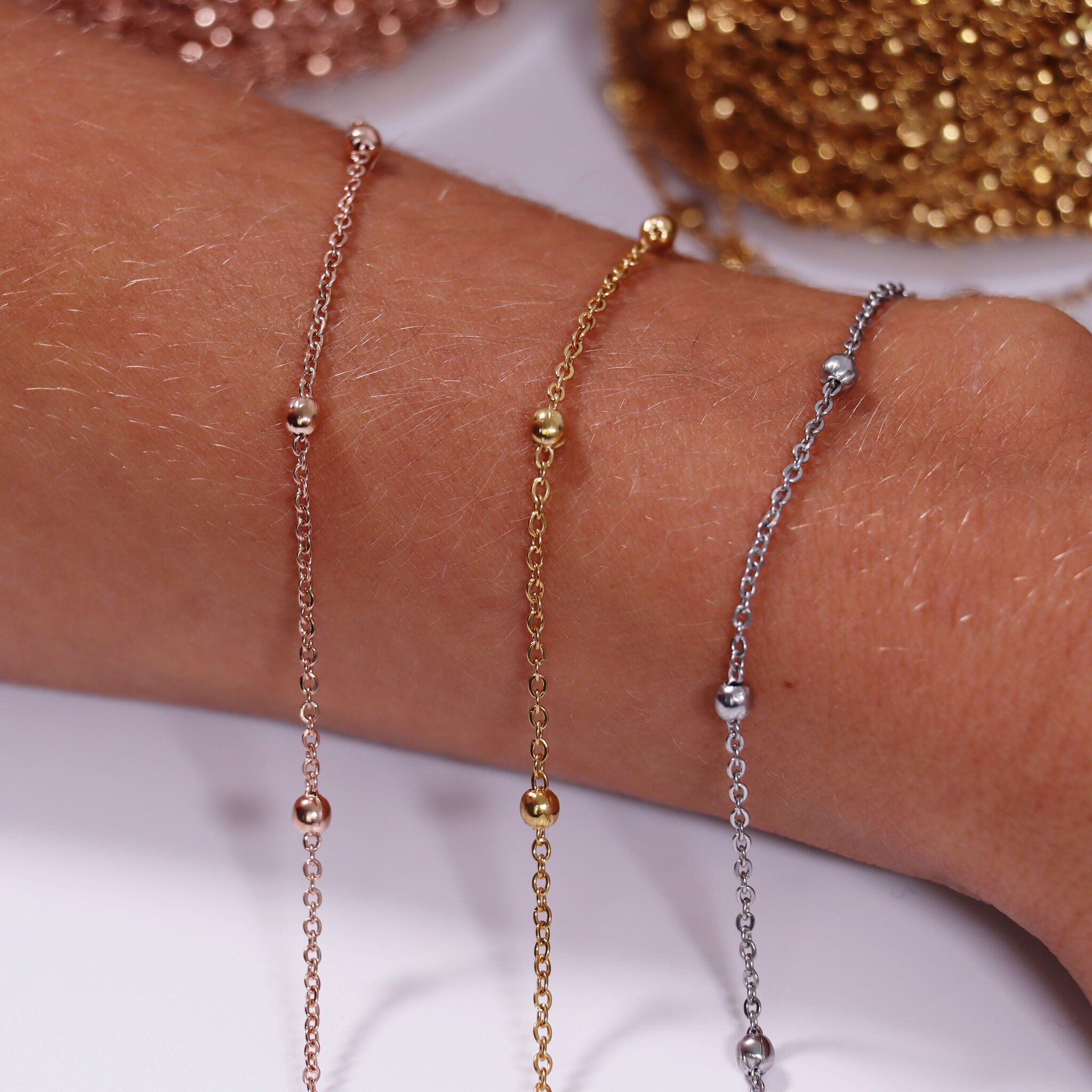 3mm 18K Gold PVD Stainless Steel Beaded Satellite Permanent Jewelry Chain By The Foot