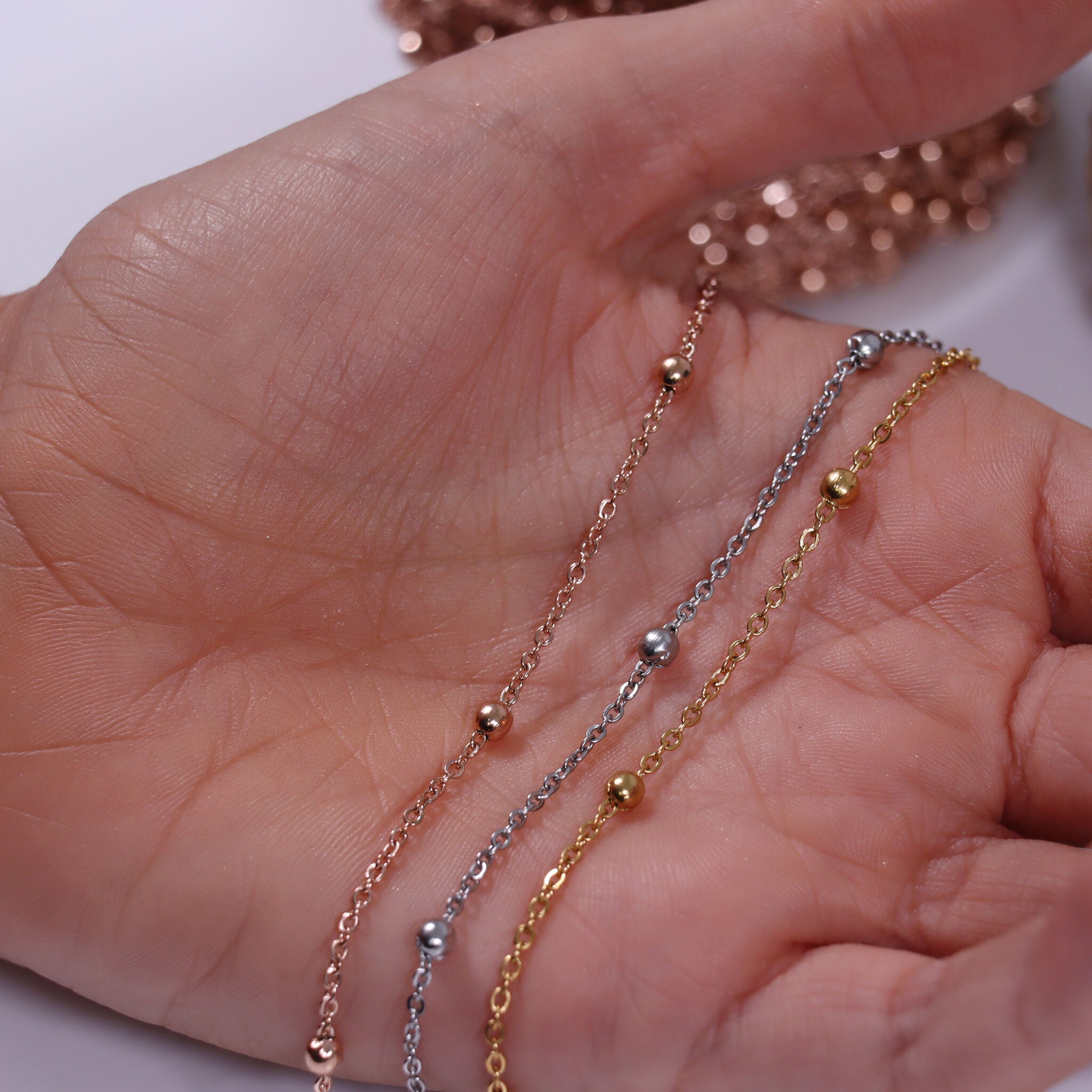 3mm 18K Gold PVD Stainless Steel Beaded Satellite Permanent Jewelry Chain By The Foot