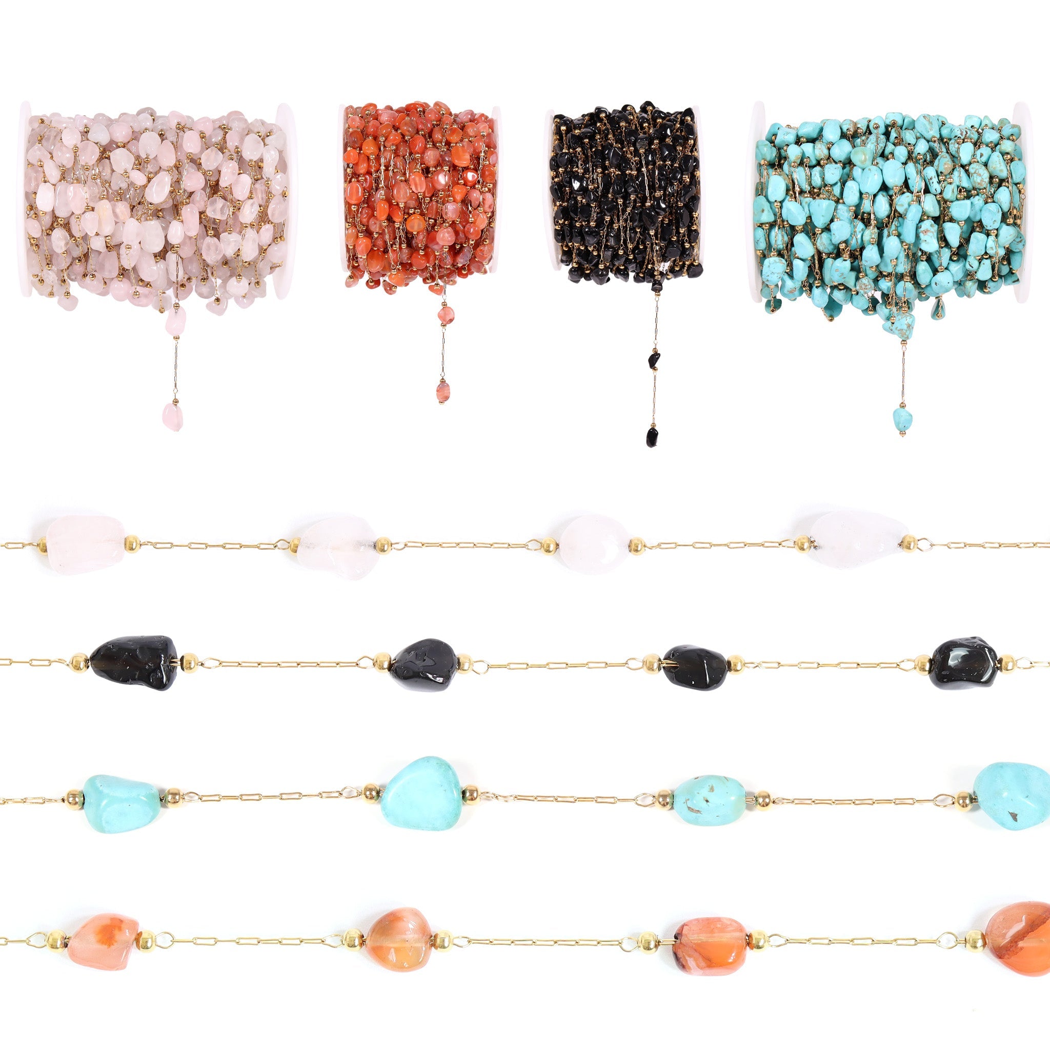 18K Gold PVD Stainless Steel Beaded Stone Chain - By The Foot