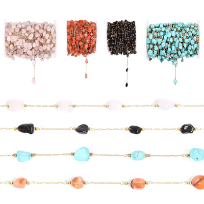 18K Gold PVD Stainless Steel Beaded Stone Chain - By The Foot