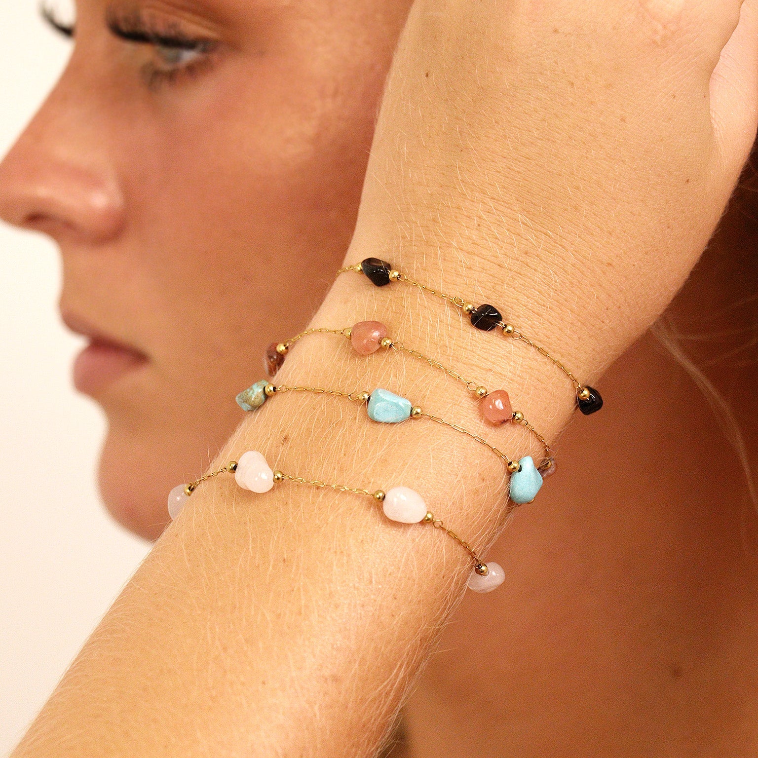 18K Gold PVD Stainless Steel Beaded Stone Chain - By The Foot
