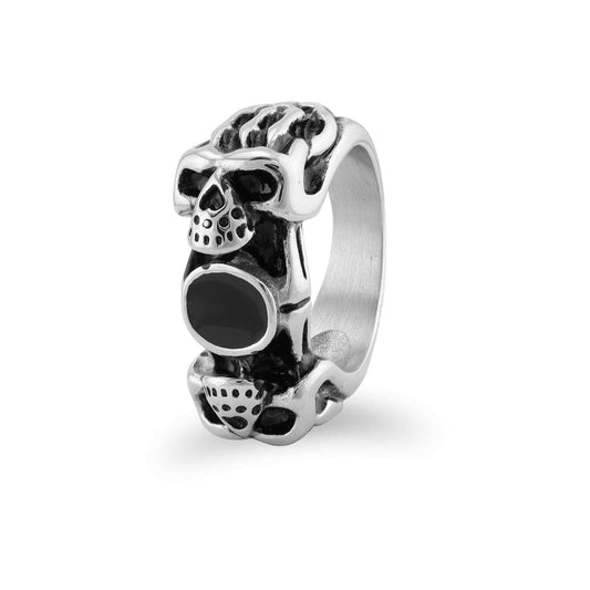 Polished Black CZ Stone Center With Skull Accents Stainless Steel Ring