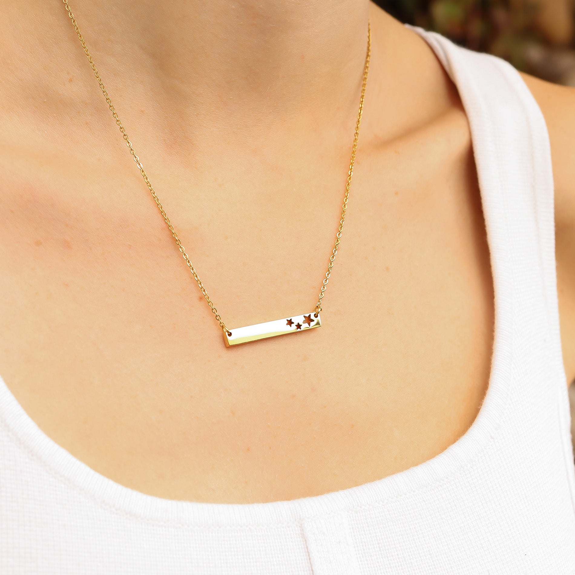 18K Gold PVD Stainless Steel Stars Cutout Horizontal Blank Bar Necklace