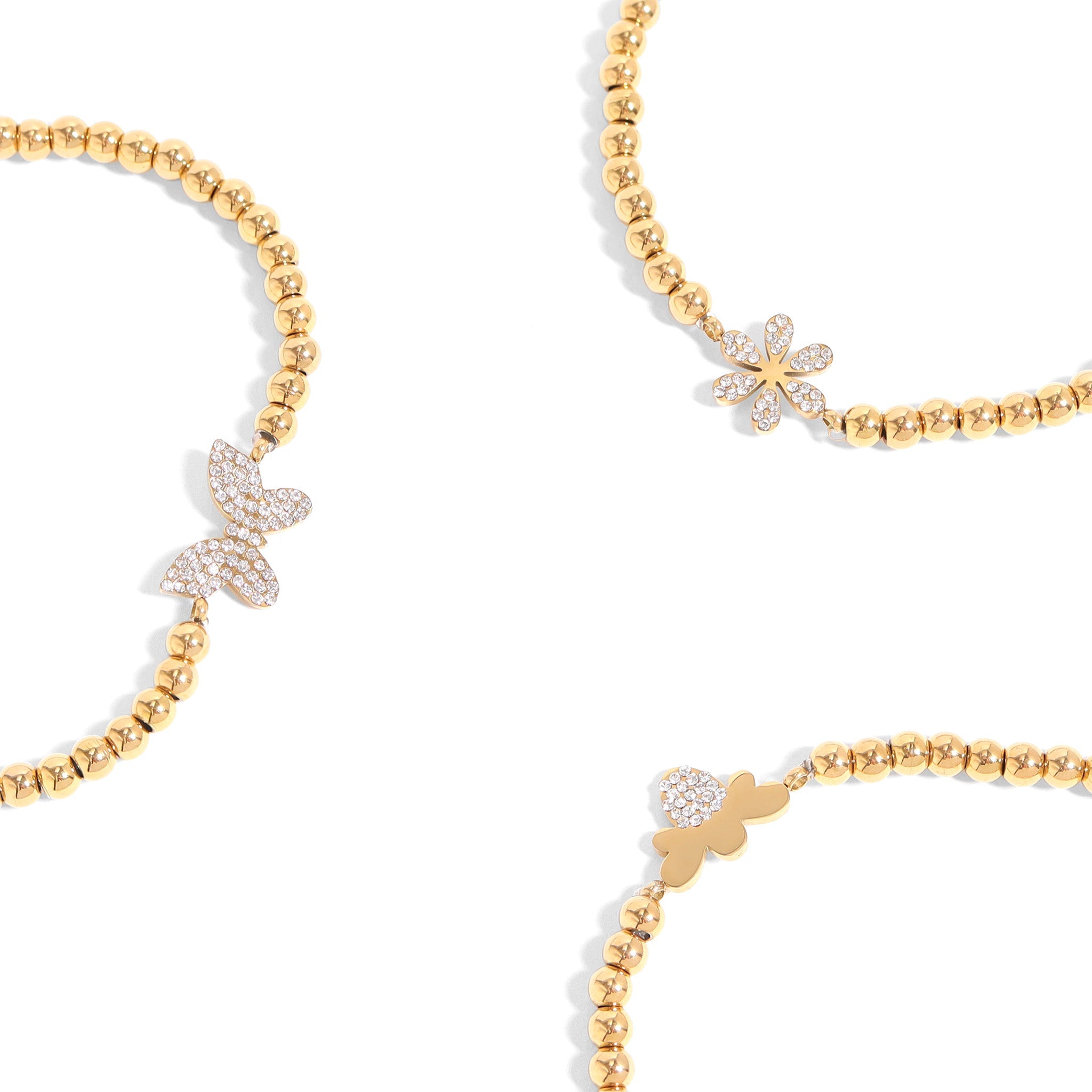 18K Gold PVD Stainless Steel Stone Flower Metal Beaded Stretch Bracelet