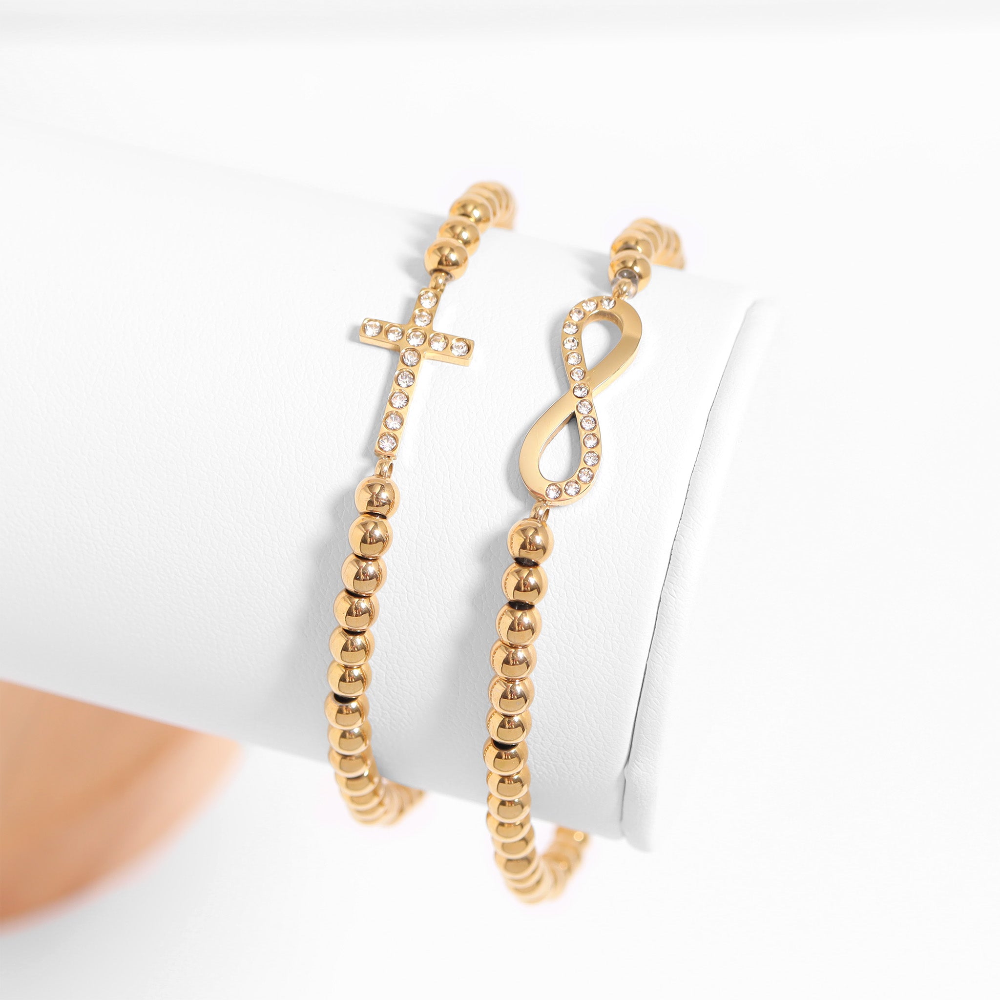 18K Gold PVD Stainless Steel Stone Infinity Sign Metal Beaded Stretch Bracelet