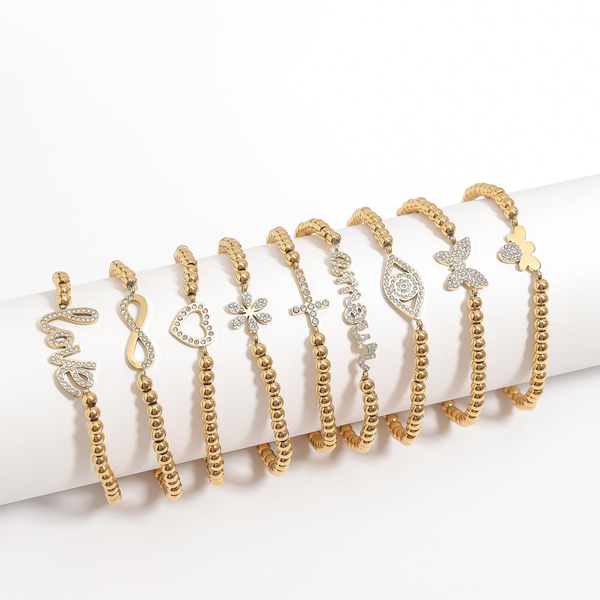 18K Gold PVD Stainless Steel Stone Cross Metal Beaded Stretch Bracelet
