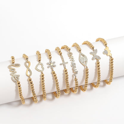 18K Gold PVD Stainless Steel Stone Heart Metal Beaded Stretch Bracelet