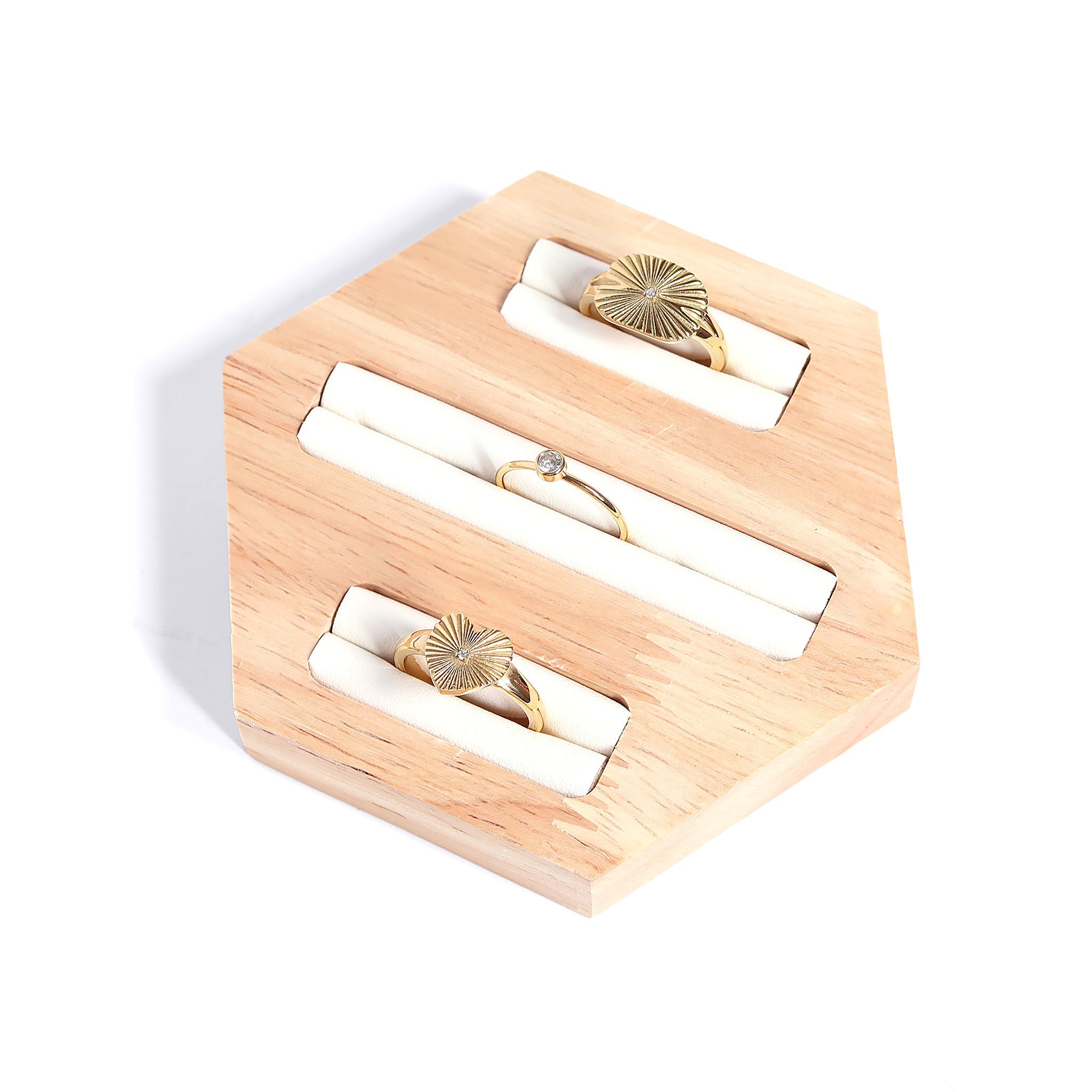 Natural Wood & Leather Hexagon Ring Display