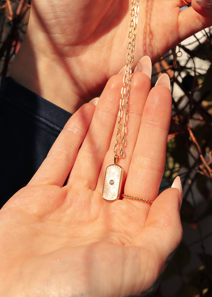14K Gold Plated Sterling Silver Mother of Pearl Sunburst Mystical Paperclip Chain Necklace